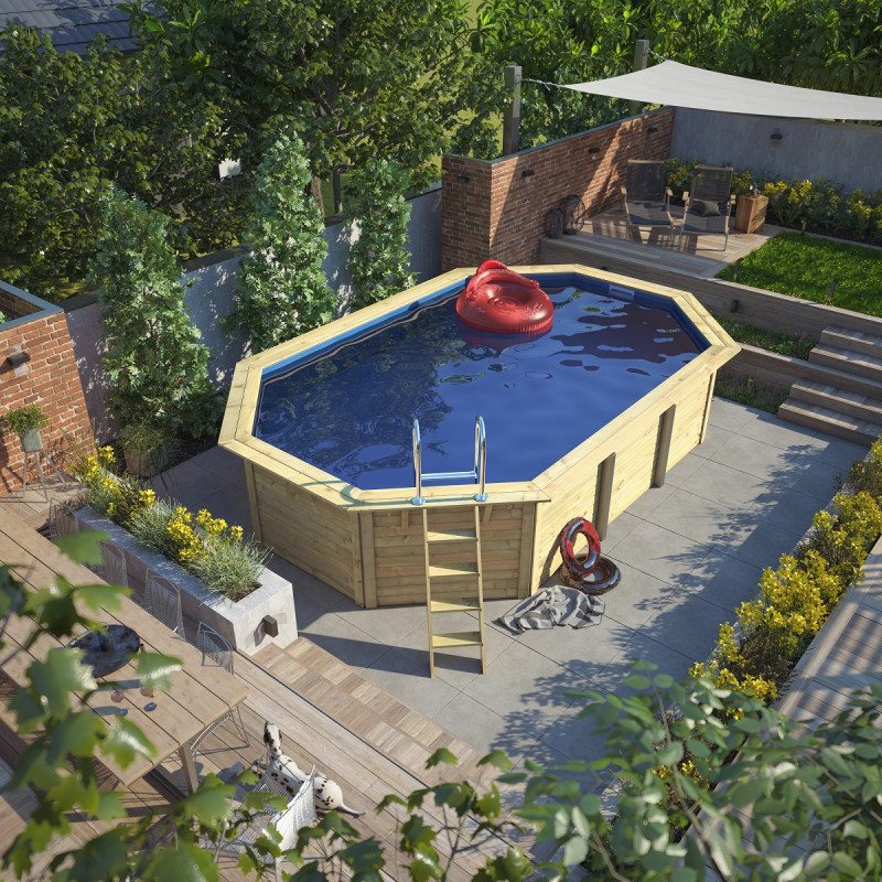 Piscine octogonale en bois Ø633xH111cm liner bleu Pool X4 - Karibu
